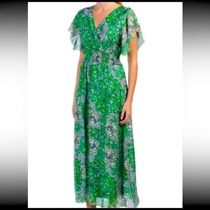 Le Ragazze Green V-Neck Floral Silk Blend Maxi Dress Small